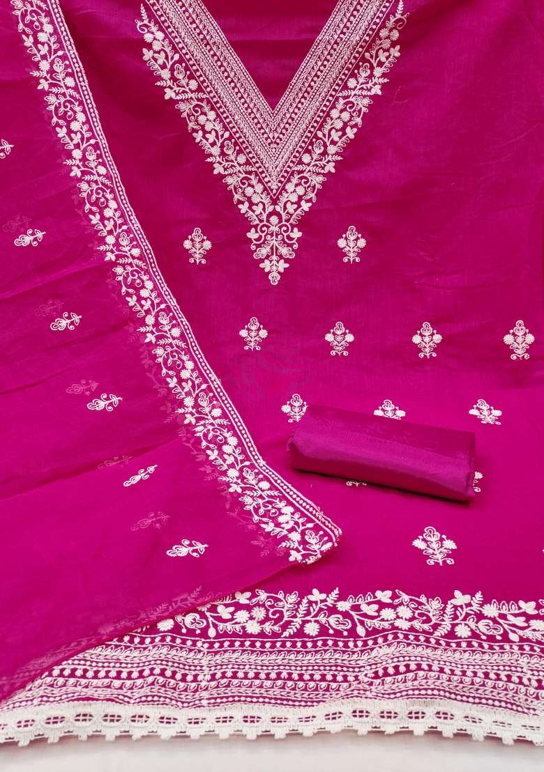 Pink Embroidered Blended Straight Kurta Set - Indya