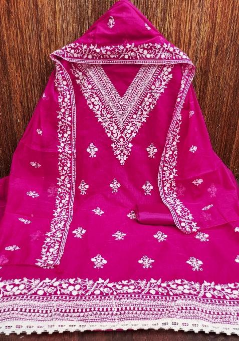 Pink Embroidered Blended Straight Kurta Set