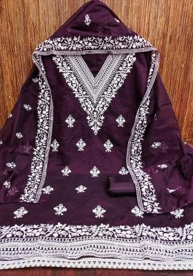 Purple Embroidered Cotton Blend Dress Material