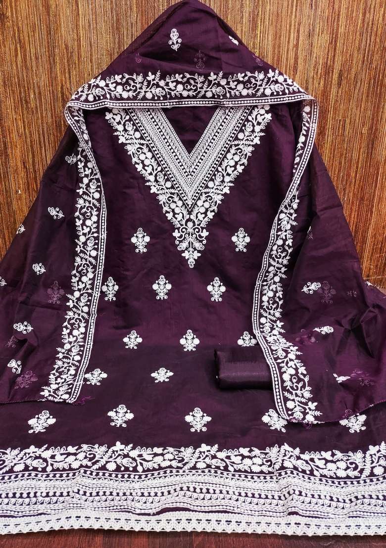 Purple Embroidered Blended Straight Kurta Set - Indya