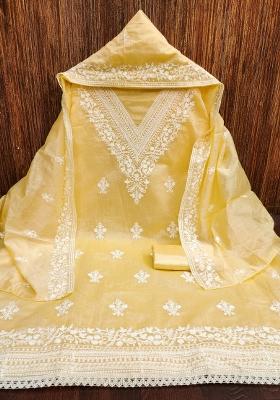 Yellow Embroidered Cotton Blend Dress Material
