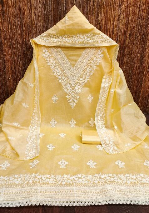 Yellow Embroidered Cotton Blend Dress Material
