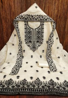 Cream Embroidered Cotton Blend Dress Material