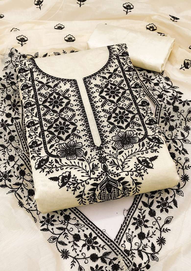 Cream Embroidered Blended Straight Kurta Set - Indya