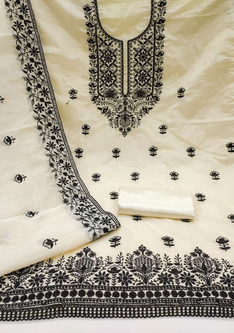 Cream Embroidered Blended Straight Kurta Set - Indya