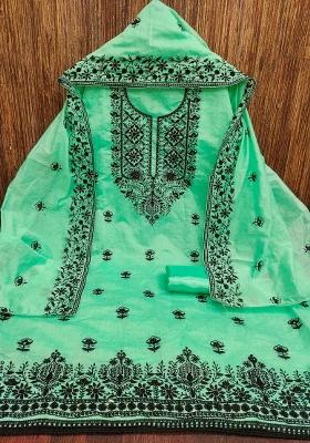 Light Green Embroidered Cotton Blend Dress Material