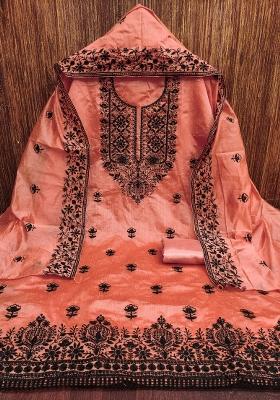 Peach Embroidered Cotton Blend Dress Material