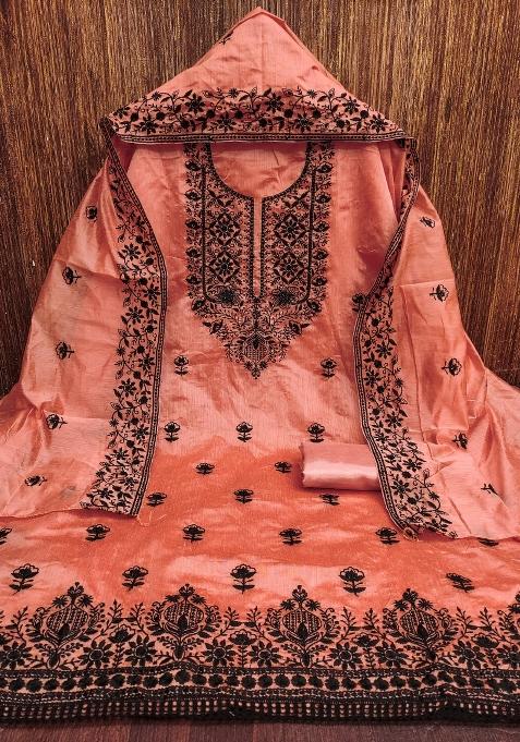 Peach Embroidered Cotton Blend Dress Material