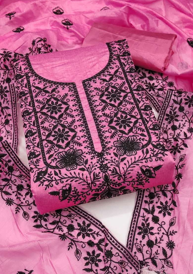 Pink Embroidered Blended Straight Kurta Set - Indya
