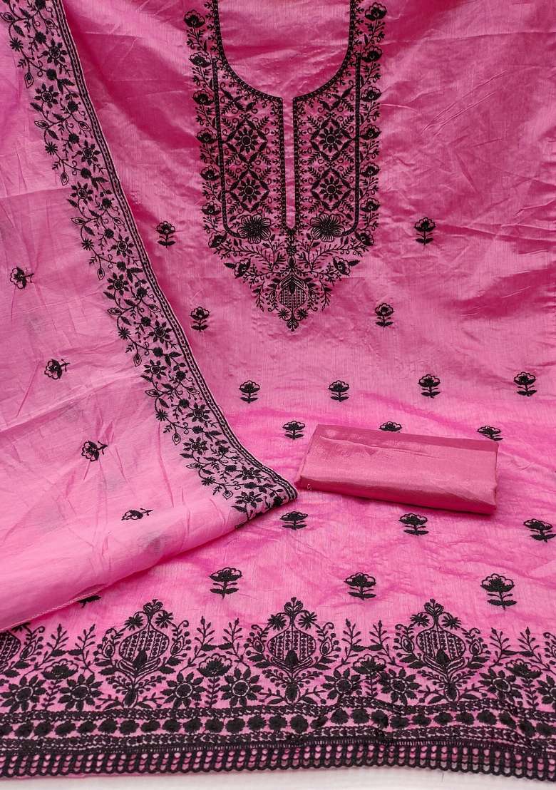 Pink Embroidered Blended Straight Kurta Set - Indya