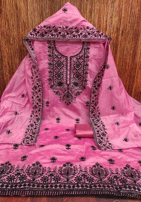 Pink Embroidered Blended Straight Kurta Set