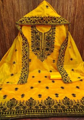 Yellow Embroidered Cotton Blend Dress Material