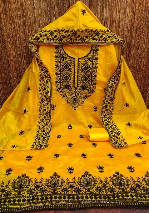 Yellow Embroidered Cotton Blend Dress Material