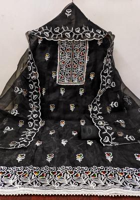 Black Embroidered Oragnza Dress Material