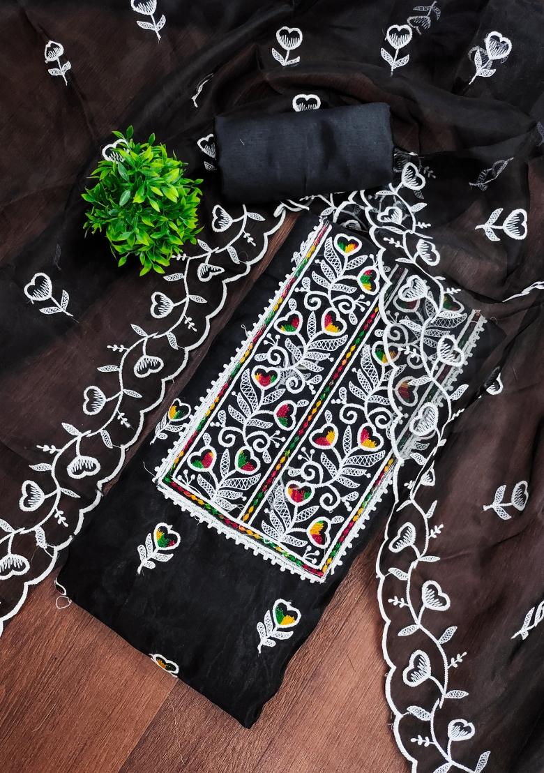 Black Embroidered Oragnza Dress Material - Indya