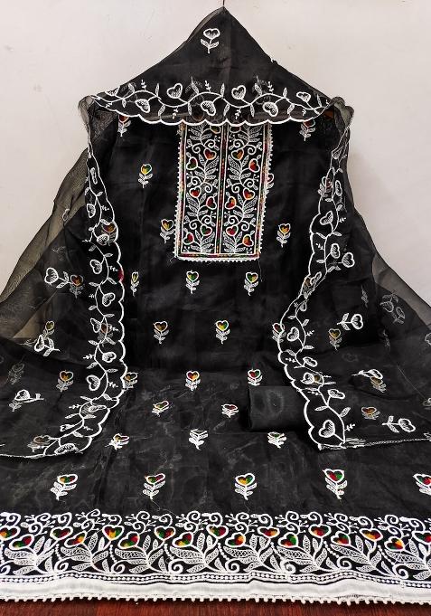 Black Embroidered Oragnza Dress Material