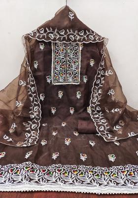 Brown Embroidered Oragnza Dress Material