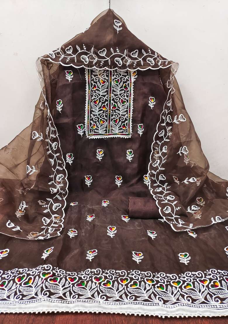 Brown Embroidered Organza Straight Kurta Set - Indya