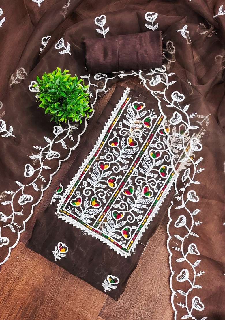 Brown Embroidered Organza Straight Kurta Set - Indya