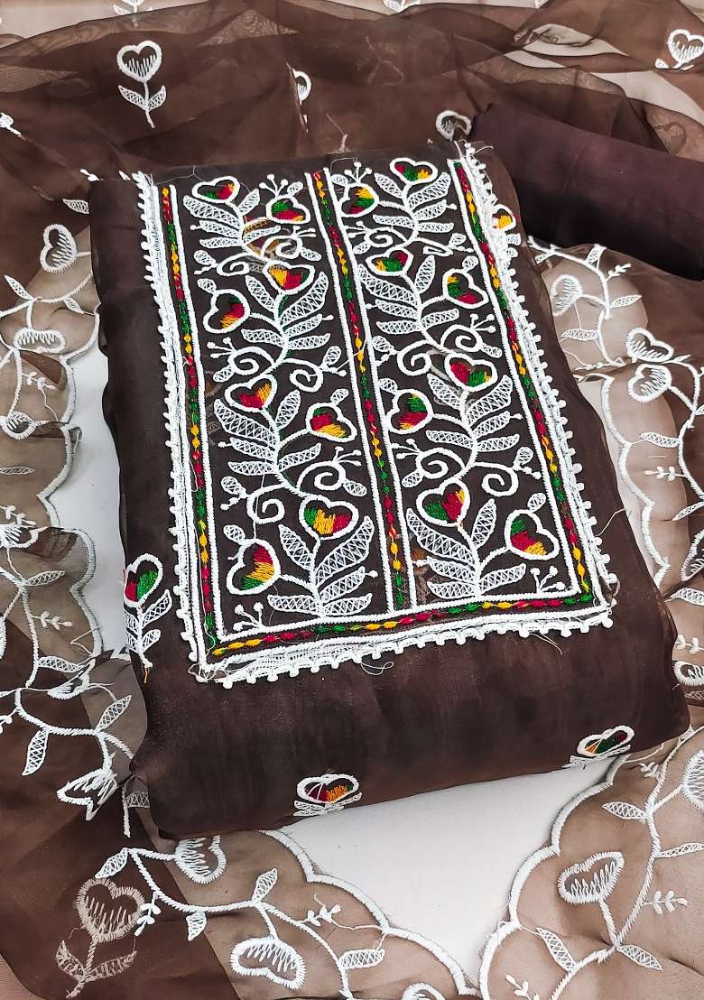 Brown Embroidered Organza Straight Kurta Set - Indya