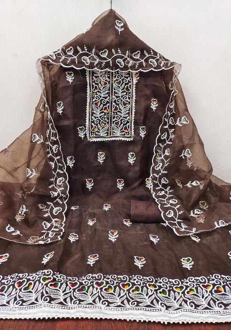 Brown Embroidered Oragnza Dress Material
