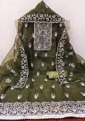 Mehandi Embroidered Oragnza Dress Material