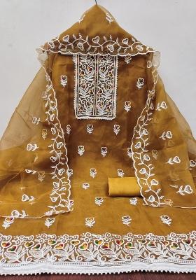 Mustard Embroidered Oragnza Dress Material