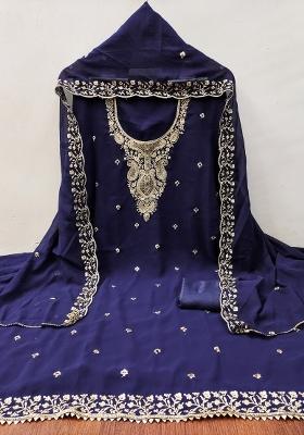 Blue Embroidered Georgette Dress Material