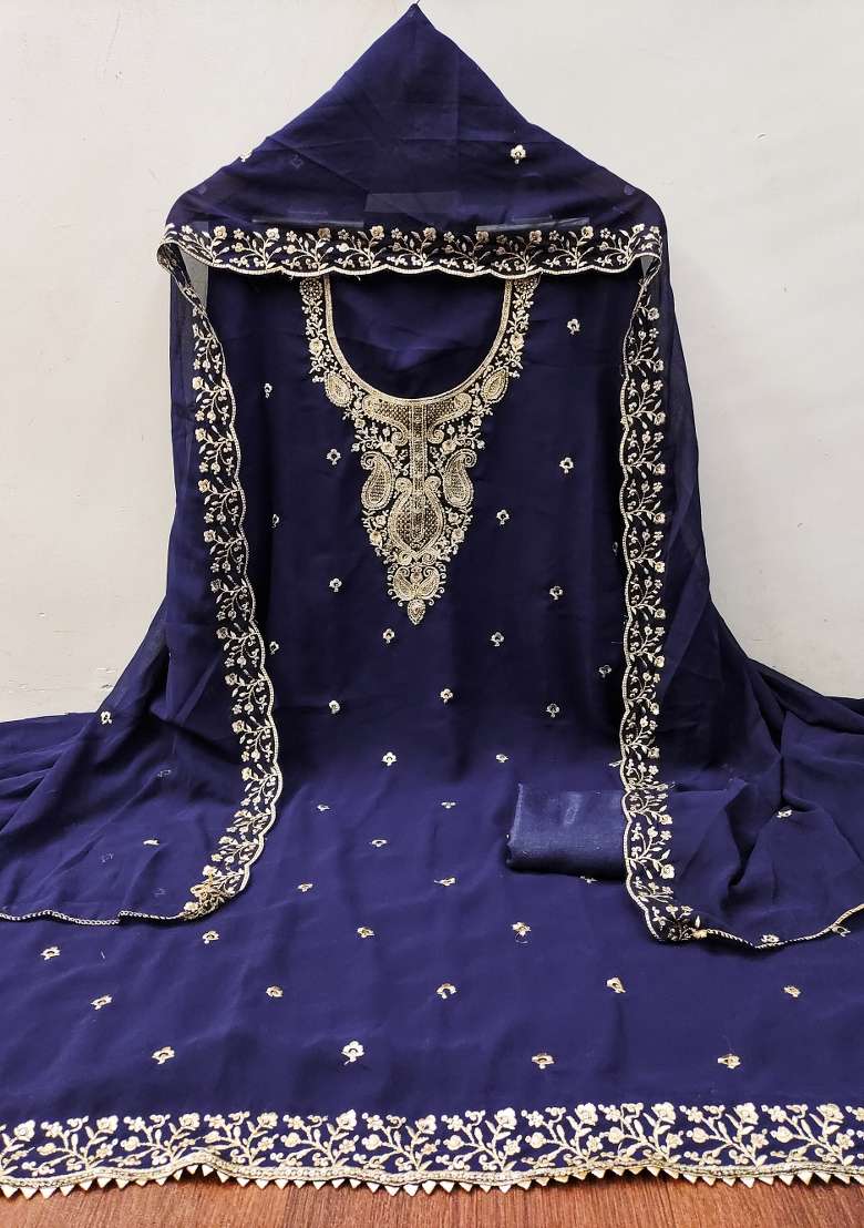 Blue Zari Work Georgette Straight Kurta Set - Indya