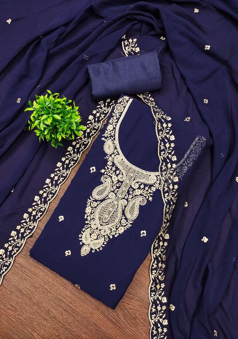 Blue Zari Work Georgette Straight Kurta Set - Indya