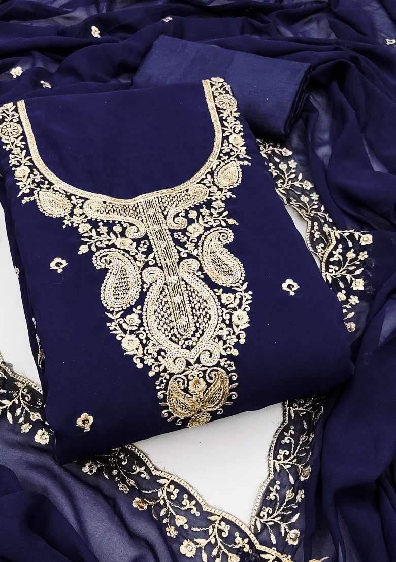 Blue Zari Work Georgette Straight Kurta Set - Indya