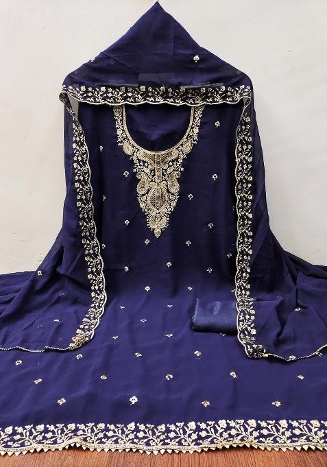 Blue Zari Work Georgette Straight Kurta Set