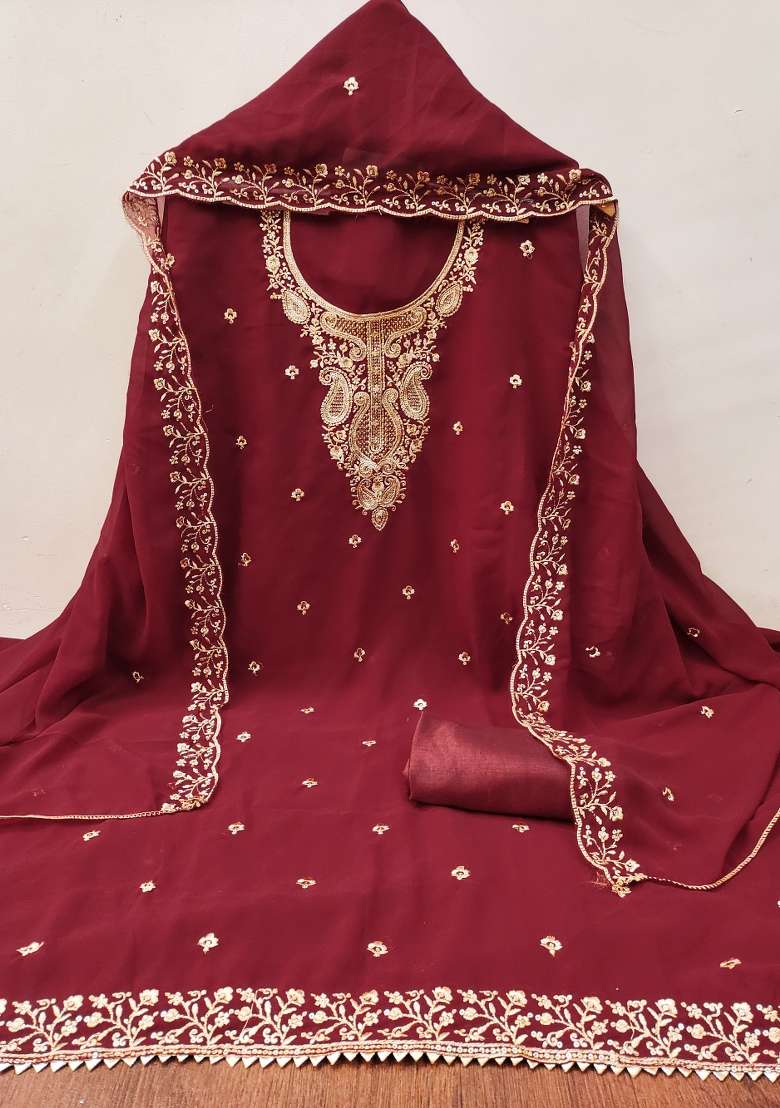 Maroon Zari Work Georgette Straight Kurta Set - Indya