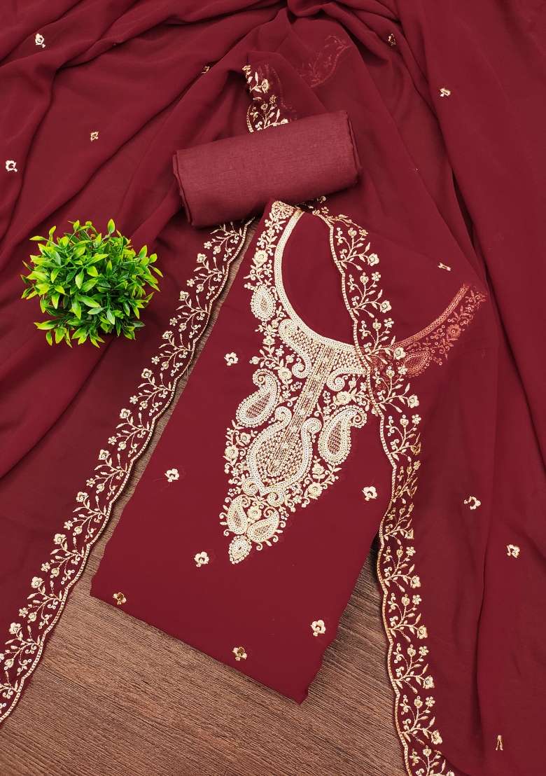 Maroon Zari Work Georgette Straight Kurta Set - Indya