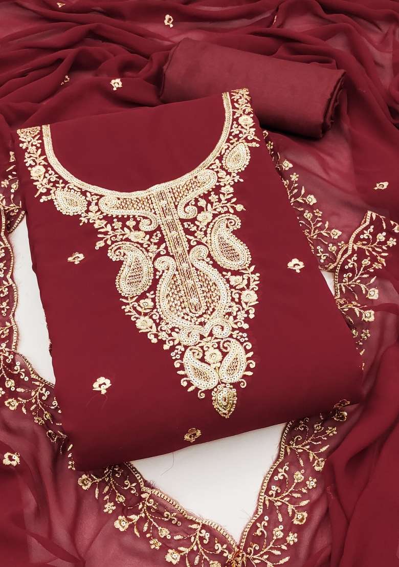 Maroon Zari Work Georgette Straight Kurta Set - Indya