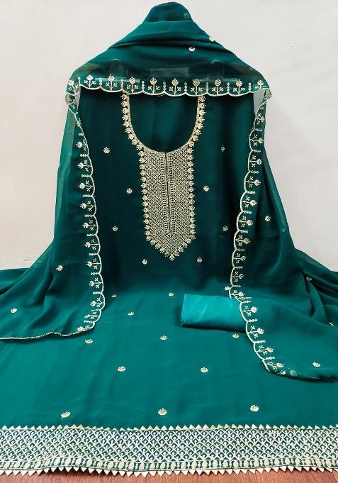 Green Zari Work Georgette Straight Kurta Set — view on Indya