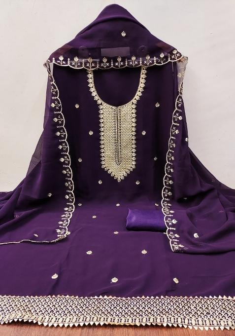 Purple Zari Work Georgette Straight Kurta Set