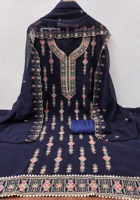Blue Embroidered Georgette Dress Material