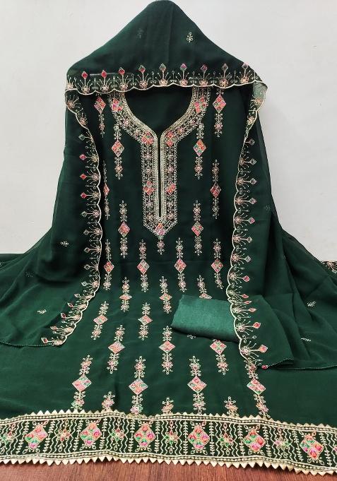 Green Zari Work Georgette Straight Kurta Set