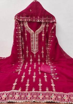 Pink Embroidered Georgette Dress Material