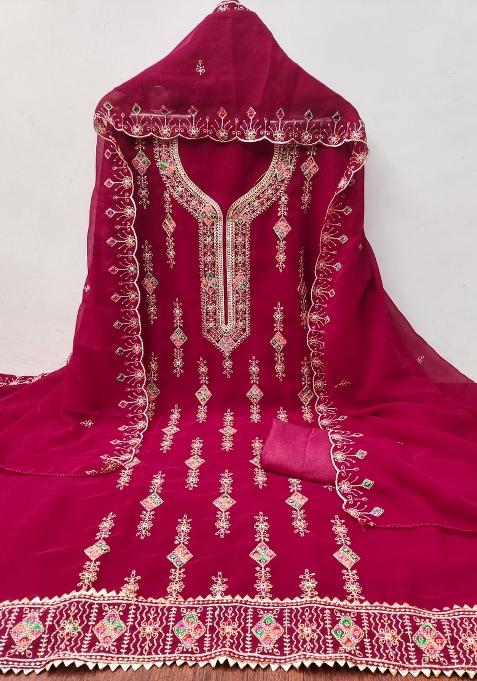 Pink Zari Work Georgette Straight Kurta Set