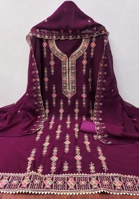 Purple Embroidered Georgette Dress Material
