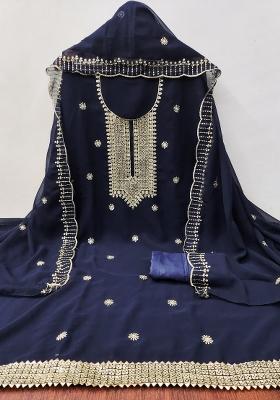 Blue Embroidered Georgette Dress Material