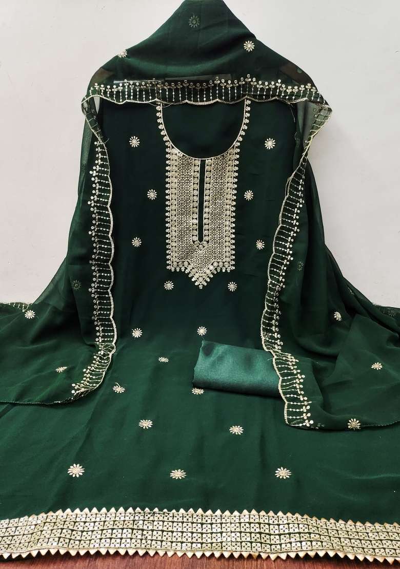 Green Zari Work Georgette Straight Kurta Set - Indya