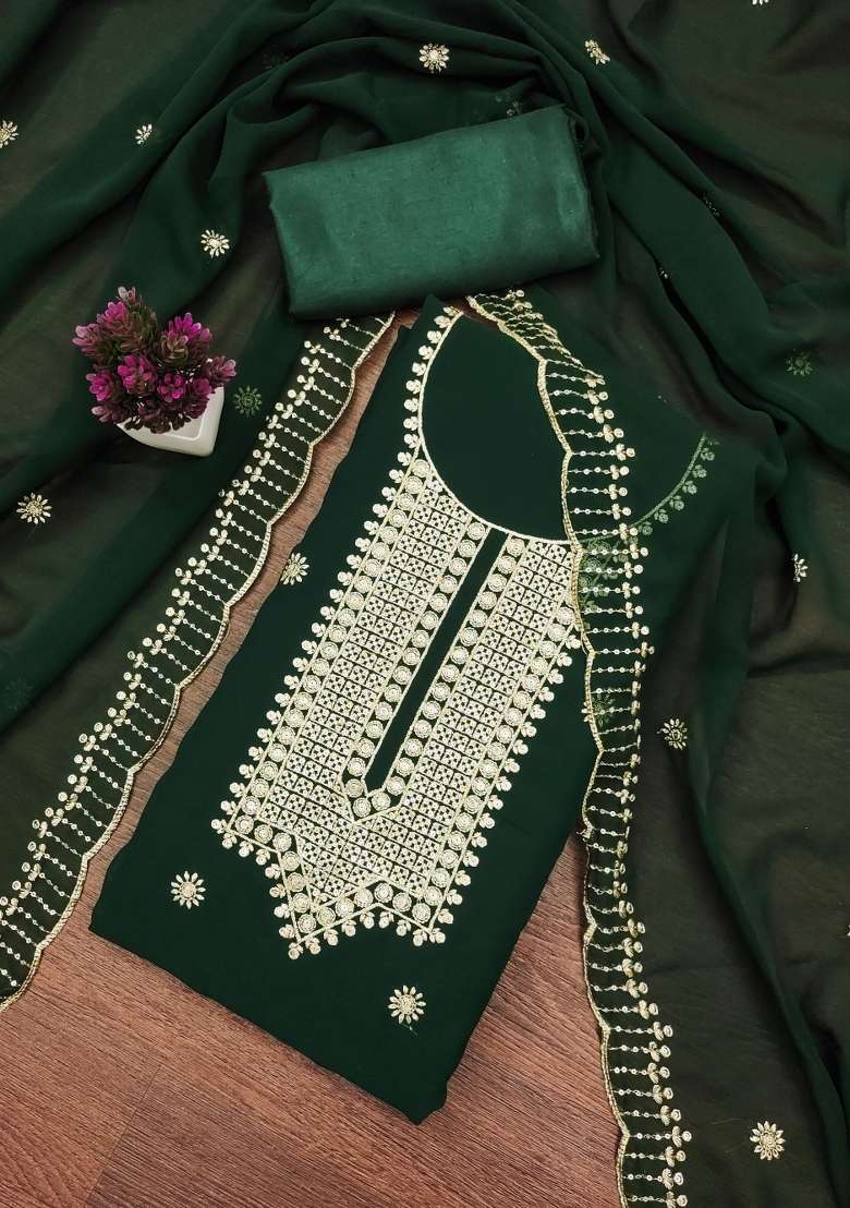 Green Zari Work Georgette Straight Kurta Set - Indya