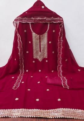 Pink Embroidered Georgette Dress Material