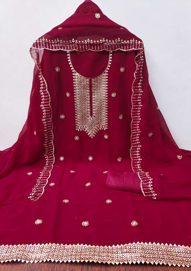 Pink Zari Work Georgette Straight Kurta Set - Indya