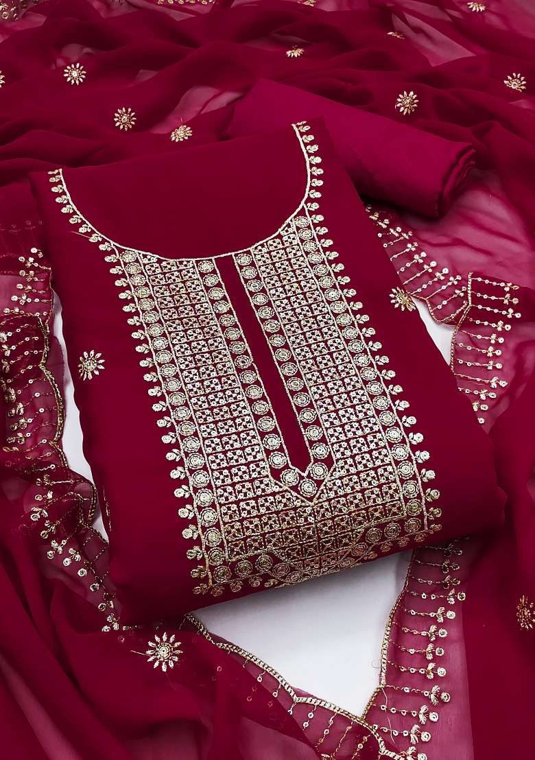 Pink Zari Work Georgette Straight Kurta Set - Indya