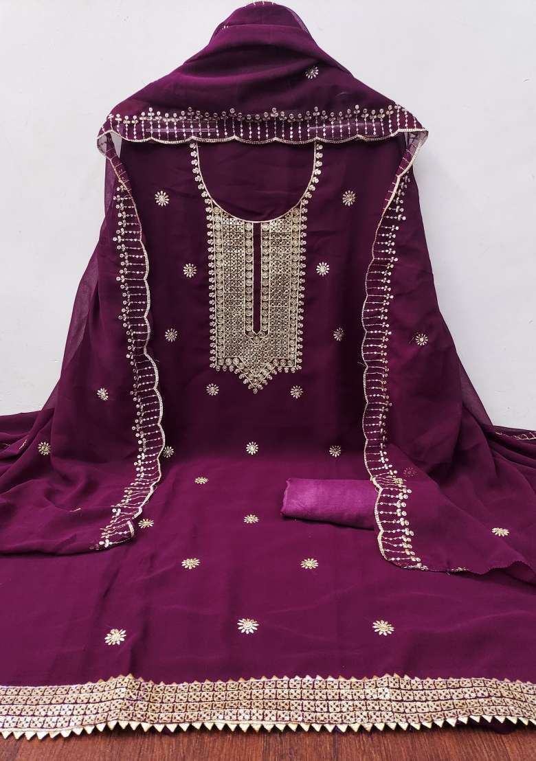 Purple Zari Work Georgette Straight Kurta Set - Indya