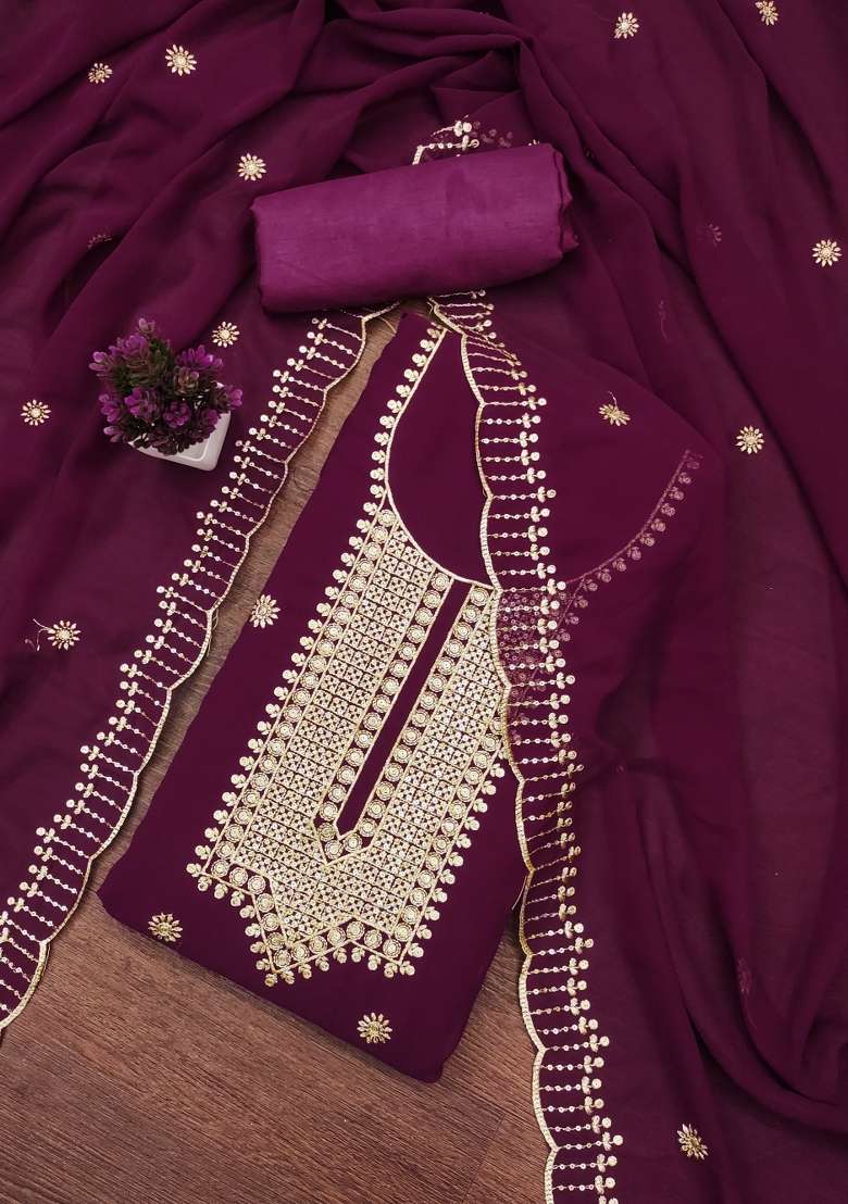 Purple Zari Work Georgette Straight Kurta Set - Indya